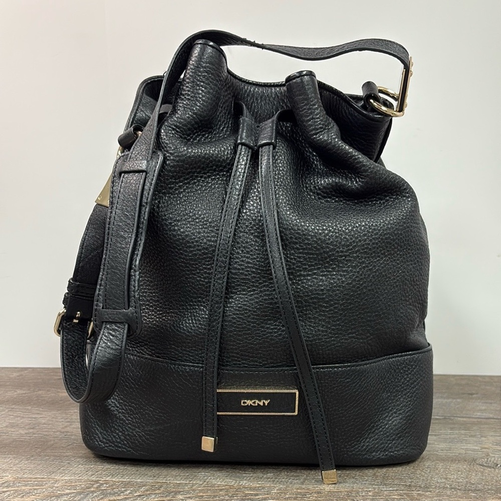 DKNY Black Leather Drawstring Top Bucket Bag